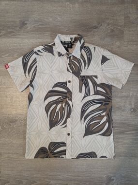 Tanoa Boy’s Cream Short-Sleeve Button-Up Shirt with Brown & Black Leaf Print